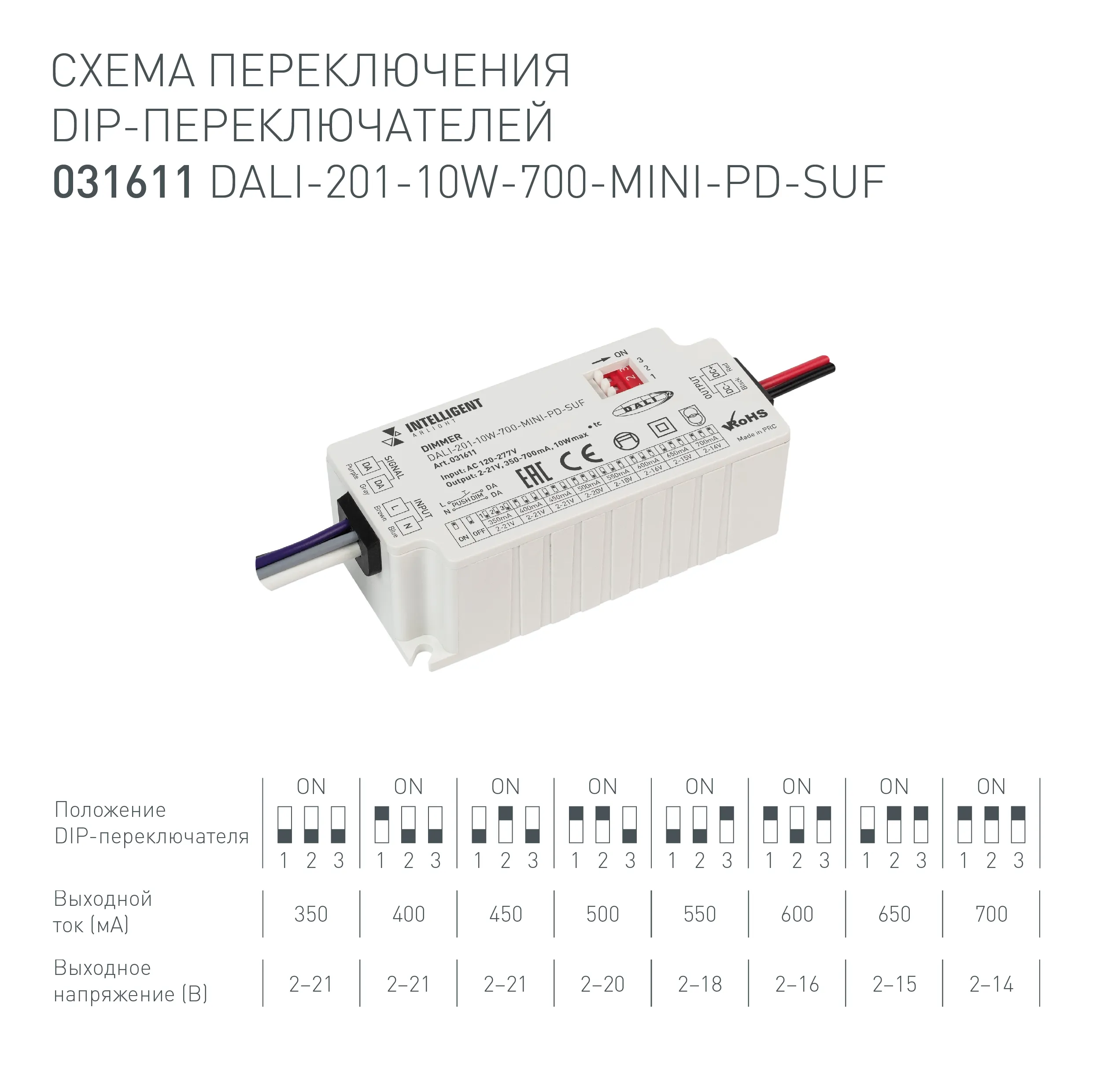 INTELLIGENT ARLIGHT Диммер DALI-201-10W-700-MINI-PD-SUF (230V, 350-700mА) (IARL, IP20 Пластик, 5 лет)